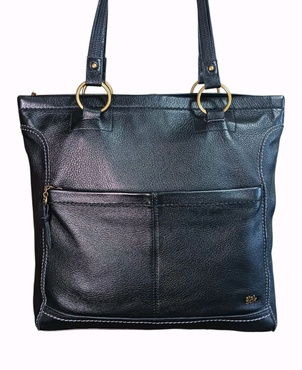 The Sak IRIS Large Black Pebbled Leather Tote Shoulder Bag Double Handle Zip Top